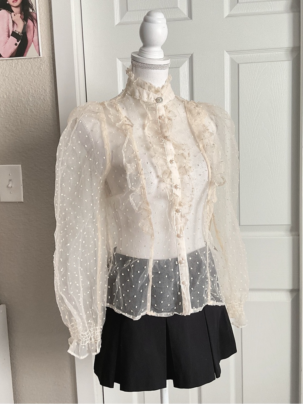 Haute Monde Cream Sheer Swiss Dot Ruffle Blouse with Pearl Buttons